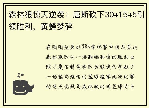 森林狼惊天逆袭：唐斯砍下30+15+5引领胜利，黄蜂梦碎